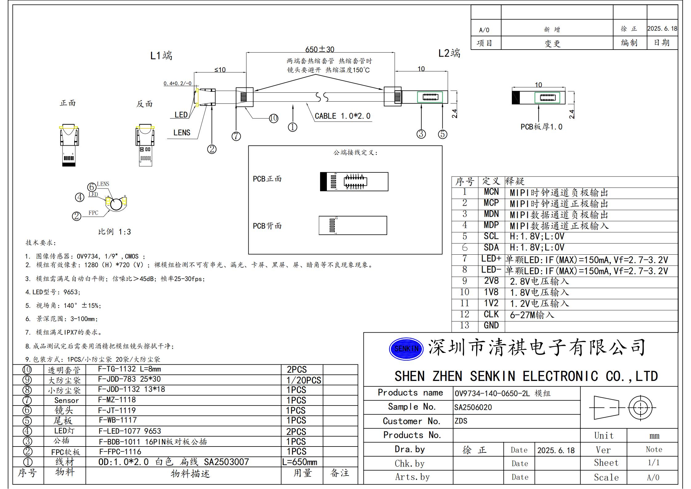 铁氟龙同轴排线OV9734模组2灯